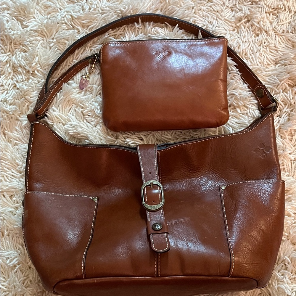 Patricia Nash Leather Shoulder Bag with matching Wristlet - Brown
